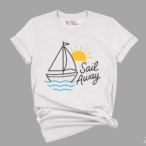Sail Away Graphic T-Shirt | Minimalist Boat and Sunset Tee | Nautical Vacation Casual Wear for Beach Lovers