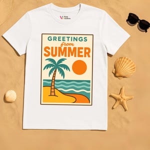 Maglietta vintage estiva con cartolina - Maglietta retrò con spiaggia, palme, sole, onde e viaggi