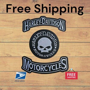 Harley Davidson G William Skull And Top Bottom Rockers Patch Set Black Iron On Sew On Ship From USA Motorcycle Jackets Vest Patches