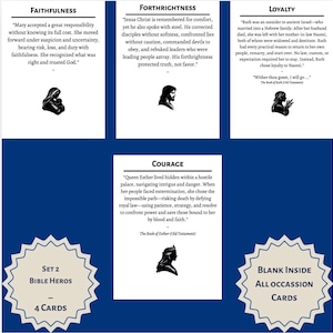 Puede incluir: Un conjunto de cuatro tarjetas de Héroes de la Biblia sobre un fondo azul. Cada tarjeta presenta una virtud diferente: Fidelidad, Franqueza, Lealtad y Coraje. Las tarjetas incluyen citas e ilustraciones. El conjunto está etiquetado como "Set 2" y "4 Tarjetas".