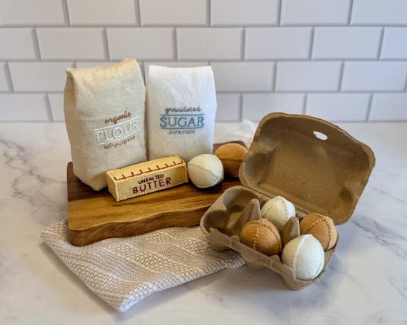 Felt Baking Ingredients Set – Play Flour, Sugar, Eggs, Butter (Handmade Montessori Play Food)