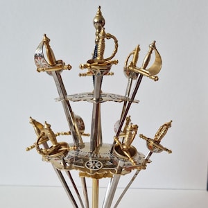 Unique Vintage Toledo Cocktail Sword Set – 12 Miniature Metal Skewers with Ornate Stand – Spanish Barware 1960s – Mid Century Decor