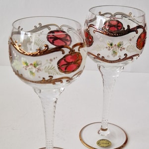 Hand-Painted Crystal Wine Glasses - Bohemia Madesk - Floral Gold Accent - Set of 2 - Original Box