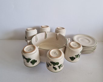 Servizio da caffè/tè vintage Bristow Malta in ceramica fatta a mano – Tazze, piattini e ciotola con motivo a foglie botaniche.