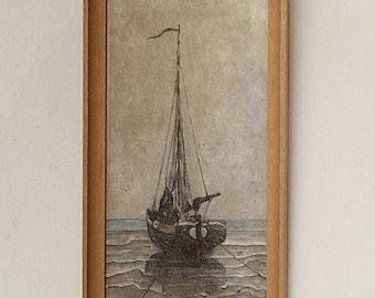 Peinture à l'huile vintage hollandaise de paysage marin, signée Th vd Heijden, bateau de pêche « Bomschuit » sur la côte de la mer du Nord, empâtement art maritime texturé
