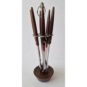 Mid Century Fondue Fork Set with Wooden Handles & Stand – Vintage Retro Tableware