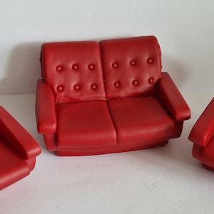 Vintage Sindy Doll Furniture Set: Red Vinyl Sofa & Armchairs, 70s Dollhouse Decor