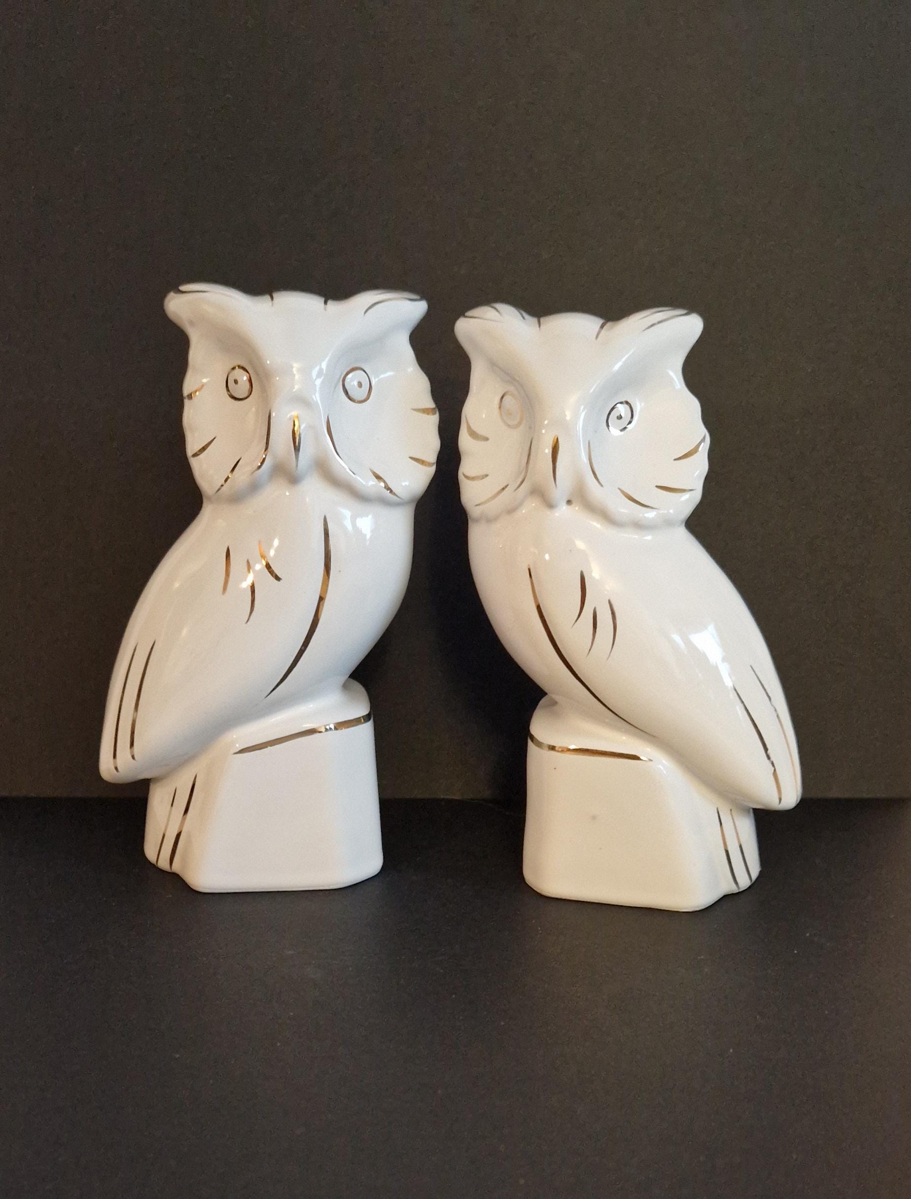 Set of 2 Vintage White Porcelain Owl Figurines - Gold Accent Decor