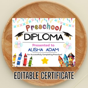 EDITABLE Preschool diploma printable, Kids Preschool Graduation Certificate, Any Grade, Instant Download