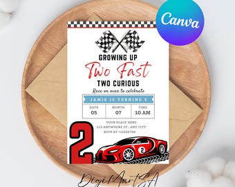 Two Fast Birthday Invitation, Editable Vintage Race Car 2nd Birthday Invitation, Two Fast Birthday Party Invite, 5x7 Invites