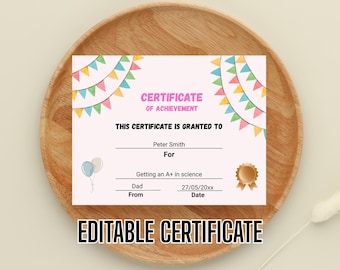 Kids Award Certificate, Editable PDF, Certificate of Achievement, School prize, Kindergarten Graduation, Congratulations Toddler Certificate