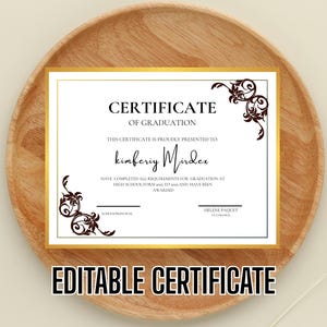 Plantilla de certificado de graduación de descarga instantánea, diploma editable, texto personalizado, regalo de graduación DIY