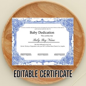 Certificado de Dedicación Infantil (11 x 8,5), Plantilla Editable, Certificado de Dedicación Infantil para Bautizo, Certificado de Bautismo