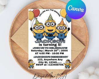 Editable Yellow Minions Birthday Invitation, Editable Minion Birthday Invitation, Printable Birthday Invite, Digital Kids Party Invite