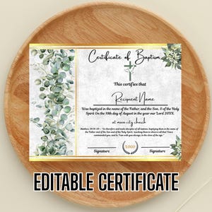 Certificado de bautismo con acuarela de vegetación dorada, regalo de bautismo, certificado de bautismo imprimible y editable, plantilla de formulario de iglesia para bautismo con vegetación