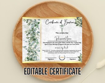Gold Greenery watercolor Baptism Certificate, Baptism gift, Printable Editable Certificate of Baptism, Greenery Baptism church form Template