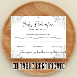 Certificado de dedicación de bebé editable con vegetación, plantilla de dedicación de niño, certificado de iglesia, certificado de bautizo
