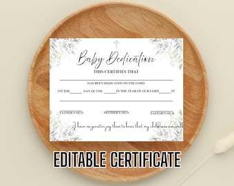 Editable Greenery Baby Dedication Certificate Child Dedication Template Church Certificate Christening Certificate
