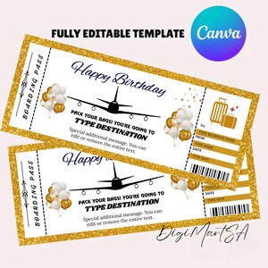 Könnte beinhalten: Zwei Bordkarten-Vorlagen mit goldglitzernden Rändern. Der Text "Happy Birthday" ist in marineblauer Schrift geschrieben. Das Design beinhaltet eine Silhouette eines Flugzeugs, Ballons und Gepäcksymbole. Der Text "PACK YOUR BAGS! YOU'RE GOING TO TYPE DESTINATION" ist ebenfalls enthalten.