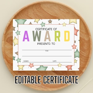 Premio imprimible editable, Certificado Estrella Dorada para Niños, Certificado de Premio para Maestros, Estudiantes y Niños, Descarga Instantánea