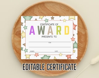 Prêmio editável para impressão, certificado de estrela de ouro para crianças, certificado de prêmio para professor, aluno, criança, criança, para impressão, download instantâneo