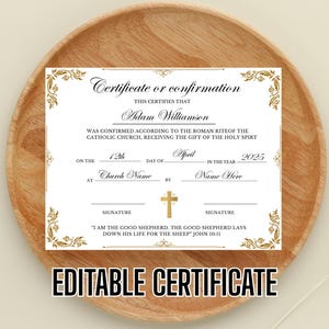 May include: A white certificate with gold decorative borders and text. The certificate includes the text "Certificate or confirmation", "Adam Williamson", and "April 2025". The bottom of the certificate reads "EDITABLE CERTIFICATE".