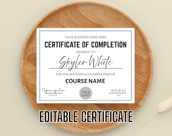 Certificate of Completion Template - Instant Digital Download - Printable 2022 Class training, nails lashes Course, DIY, editable makeup