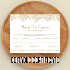 Certificado de Dedicación Infantil (11 x 8,5), Plantilla Editable, Certificado de Dedicación Infantil para Bautizo, Certificado de Bautismo
