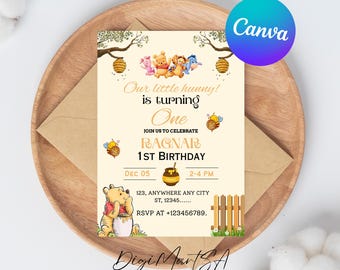 Editable Winnie the Pooh Birthday Invitation, Classic Winnie the Pooh First Birthday Invitation, Winnie Template Instant Download