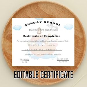 Certificado de asistencia a la escuela dominical editable, certificados de la iglesia editables