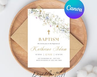 Invitación de bautismo para niñas, plantilla imprimible de flores silvestres rosas, invitación de bautizo con flores primaverales, descarga instantánea en color rubor.