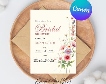 Invitación de despedida de soltera, invitación de despedida de soltera con flores silvestres impresa, plantilla de invitación de despedida de soltera con flores silvestres "Love in Bloom".