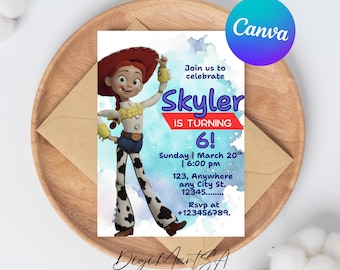 May include: A birthday party invitation featuring a cartoon character, with the text "Skyler is turning 6!" and event details. The invitation is on a white background with a watercolor effect, and the Canva logo is visible.