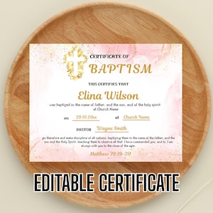 Plantilla de certificado de bautismo en oro rosa, certificado de bautismo editable, certificado de bautismo, certificado religioso imprimible