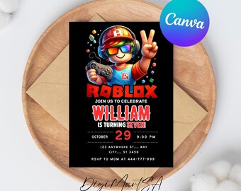 Roblox Invitation, Roblox Invite, Game Party, Roblox Boy Birthday Invitation Template, Game Birthday, Kids Roblox, Editable Template, Canva