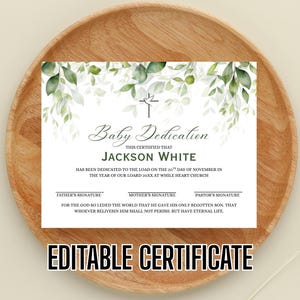 Plantilla de certificado de bautismo de eucalipto, certificado de bautismo de bebé, 100 % editable, imprimible, descarga instantánea