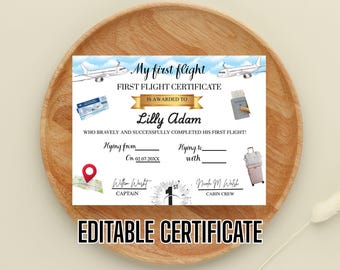 My First Flight Certificate, Kids Certificate, Editable Certificate, Travel Certificate, Flying Certificate, Vacation Gift, Digital Print
