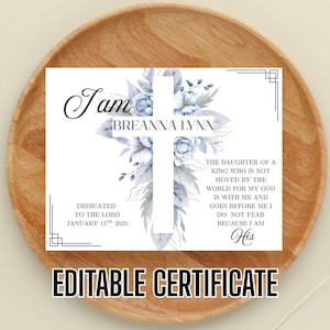 Plantilla de certificado de bautismo azul polvoriento, certificado de bautismo de bebé, 100 % editable, imprimible, descarga instantánea