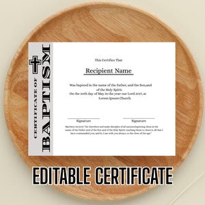 Plantilla de certificado de bautismo editable, certificado de bautismo imprimible, certificados de bautismo de bebé personalizados, plantilla de Canva para iglesia