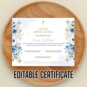 Plantilla de certificado de bautismo con acuarela de flor azul, certificado de bautismo imprimible y editable, certificado de bautismo de niño, regalo de bautismo, bricolaje