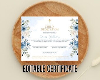 Blue flower watercolor Baptism Certificate Template, Printable Editable Certificate of Baptism, Boy Baptism Certificate, Baptism gift, DIY