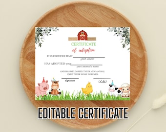 Adopt an Animal Adoption Certificate Farm Animals Adoption Farm Animals Birthday Printable Farm Adoption Certificate Barnyard Party