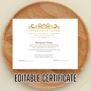 Editable License to Preach Template, Printable Certificate of License, Minister&#39;s License, Elegant Certificate Template Download