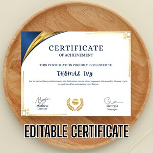Certificate of Achievement Gold and Blue Modern Certificate Canva Editable Template