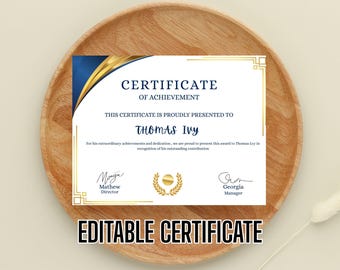 Certificate of Achievement Gold and Blue Modern Certificate Canva Editable Template