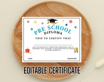 Printable Preschool Graduation Certificate, Preschool Diploma Certificate, Digital Instant Download not editable, Last day of preschool