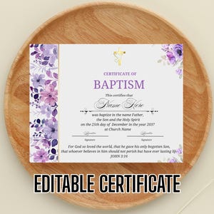 Certificado de dedicación infantil en color morado. Certificado de dedicación floral para bebé imprimible. Certificado de bautismo floral en color morado oscuro.