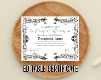 Certificate Template of Appreciation | Achievement | Volunteer | Thank You | Recognition | Fillable PDF | Editable | Printable | 11”X8.5''