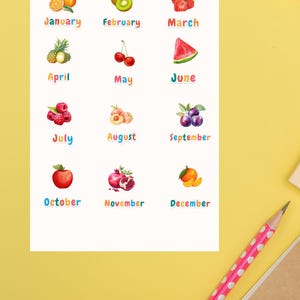 Poster Montessori con frutta di stagione per mese – Poster educativo stampabile per bambini – Decorazione per cucina o camera da letto – File digitale