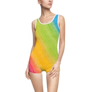 Women&#39;s Vintage Rainbow Swimsuit, Retro Bathing Suit, Summer Beachwear, Pool Party Outfit, Vacation Swimwear, Festival Attire, AOP Swim